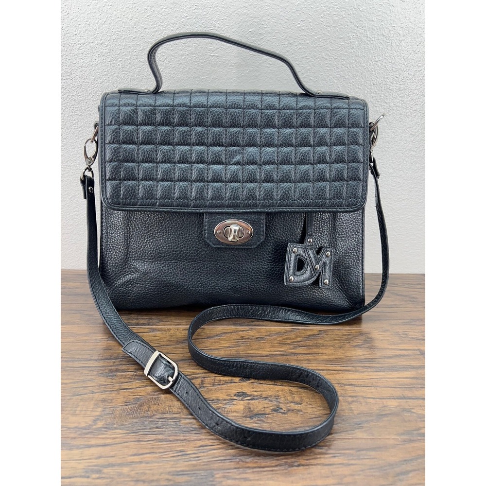 Da Milano Italia Black Quilted Leather Turnlock Flap Satchel Convertible Bag